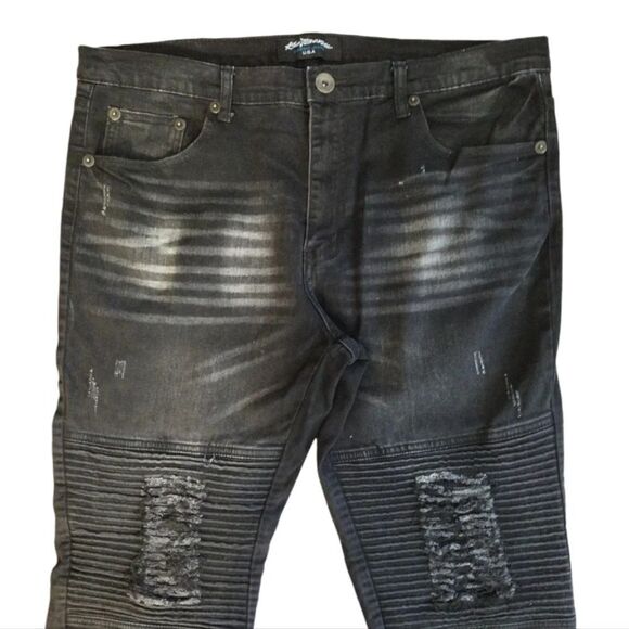 Y2K Kno Betta Black Distressed Rip Straight Leg Biker Jeans Size 36 - Picture 2 of 14